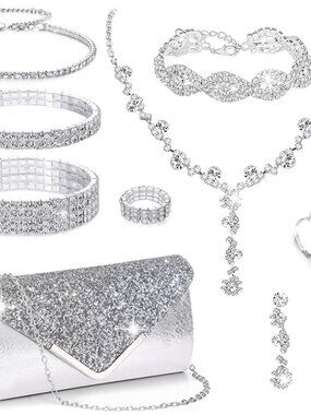 10Pcs Silvery Rhinestone Jewelry Set for Women Bride Wedding Prom Jewelry Evenin
